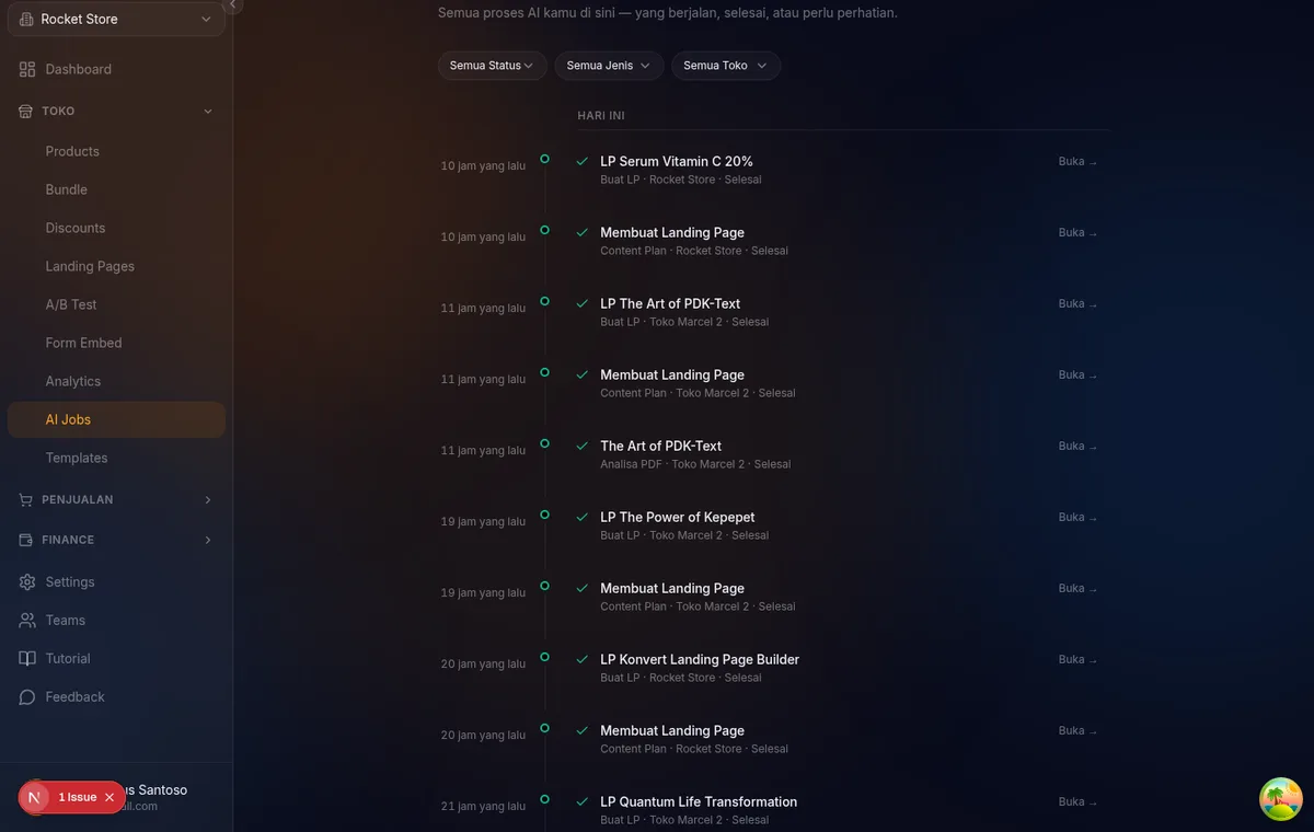 halaman AI Jobs di /jobs — timeline vertikal berisi beberapa job dengan status berbeda