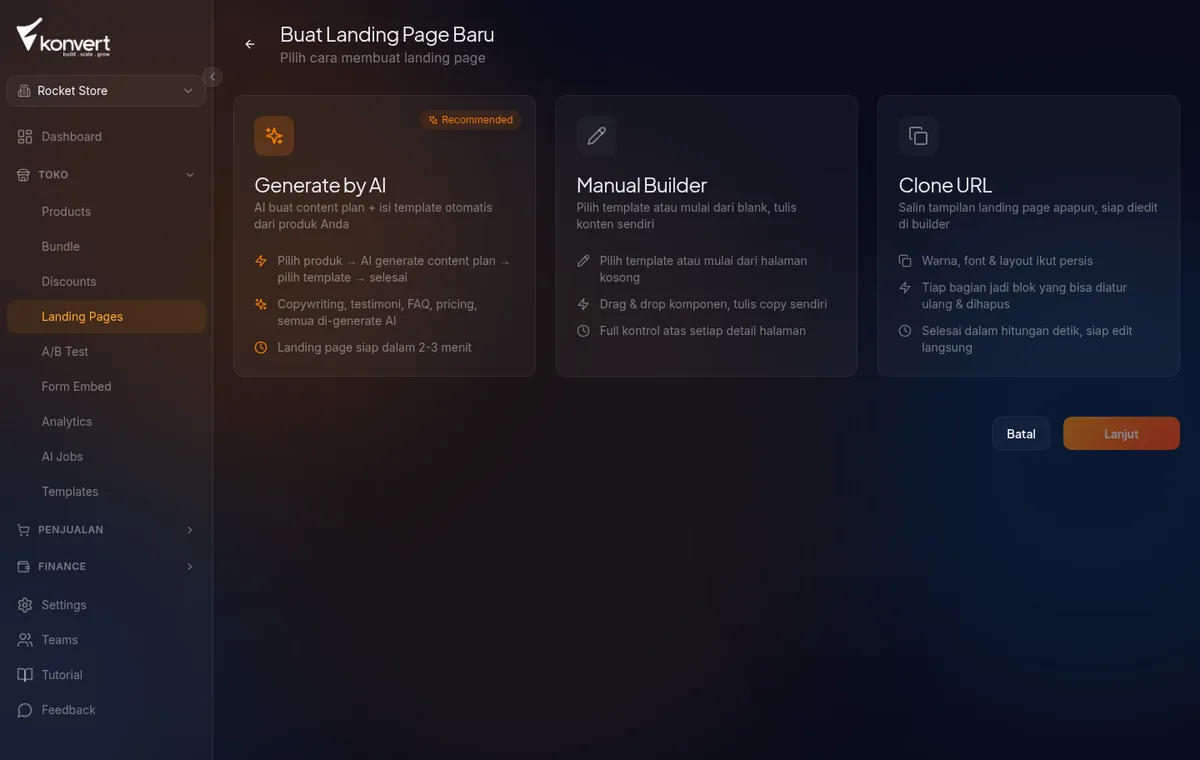 halaman pilih metode buat LP di /landing-pages/new, kartu Generate by AI dengan badge Recommended
