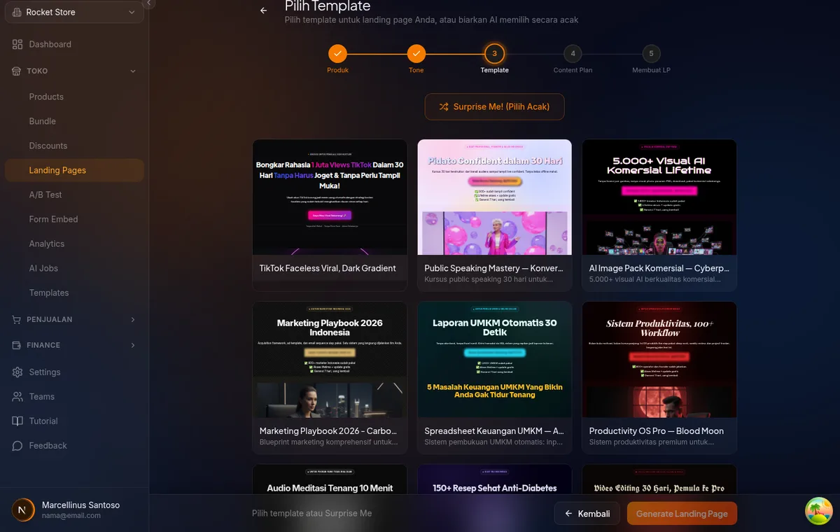 Step 3 Pilih Template di halaman /landing-pages/ai-guided-v3/template — grid template dan tombol Surprise Me