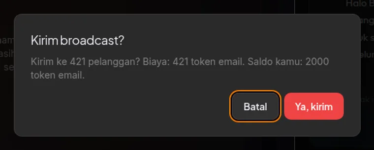 dialog konfirmasi kirim — "Kirim ke 87 pelanggan? Biaya: 87 token email. Saldo kamu: 250 token email." dengan tombol konfirmasi