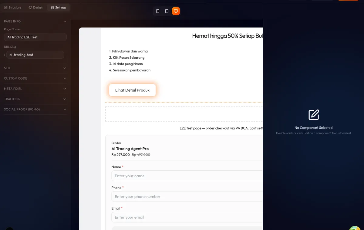 Layout 2 kolom hero di desktop dengan gambar di kiri dan teks+CTA di kanan; di mobile stack menjadi 1 kolom dengan teks lebih dulu berkat Reverse Order