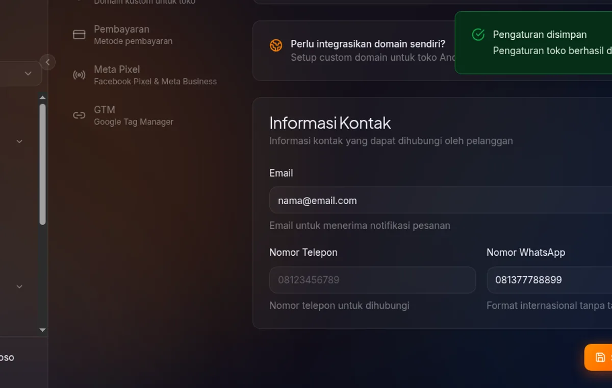 toast notifikasi sukses setelah klik Simpan Pengaturan
