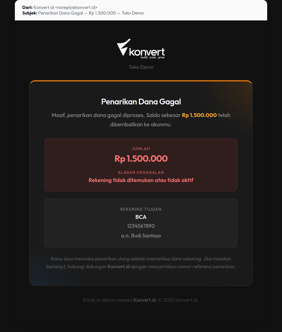 Email withdrawal failed