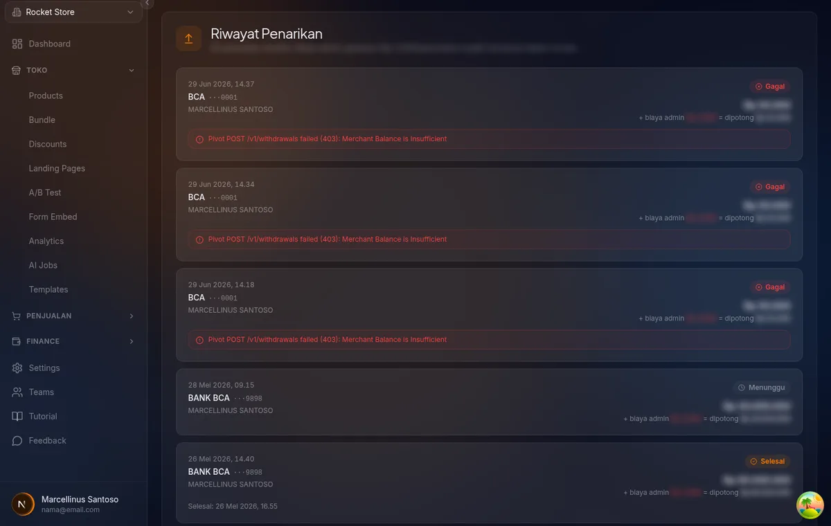 /finance/withdraw/history — kartu riwayat dengan badge status dan ID transaksi termonospace saat di-hover