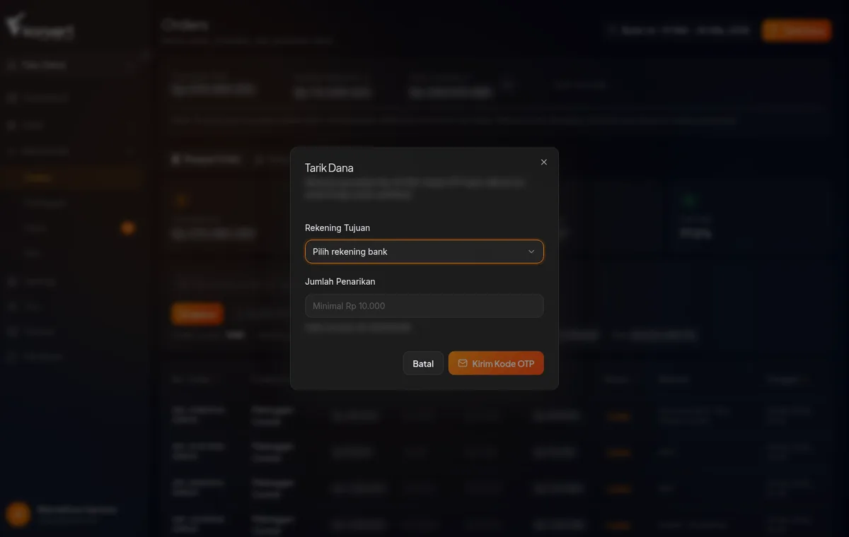 Modal "Tarik Dana" — dropdown Rekening Tujuan dan input Jumlah Penarikan, tombol Batal dan Kirim Kode OTP