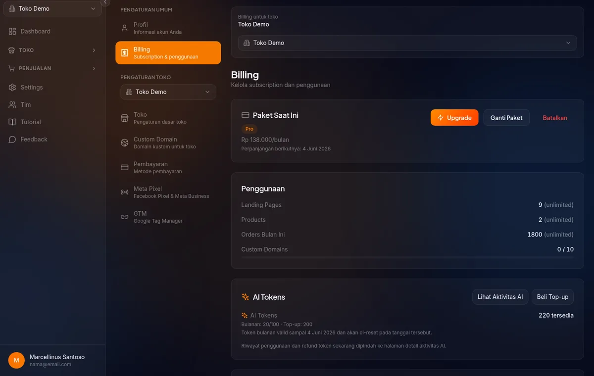 cara kerja token AI — visualisasi diagram token bulanan dan topup dengan flow pemakaian