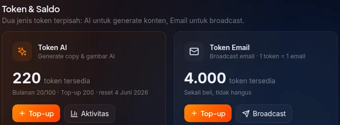 kartu Token AI di section Token & Saldo pada /settings/billing