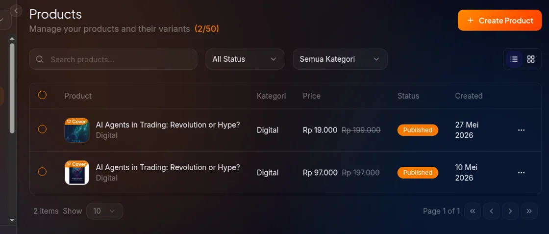 Halaman Products dengan tombol Create Product